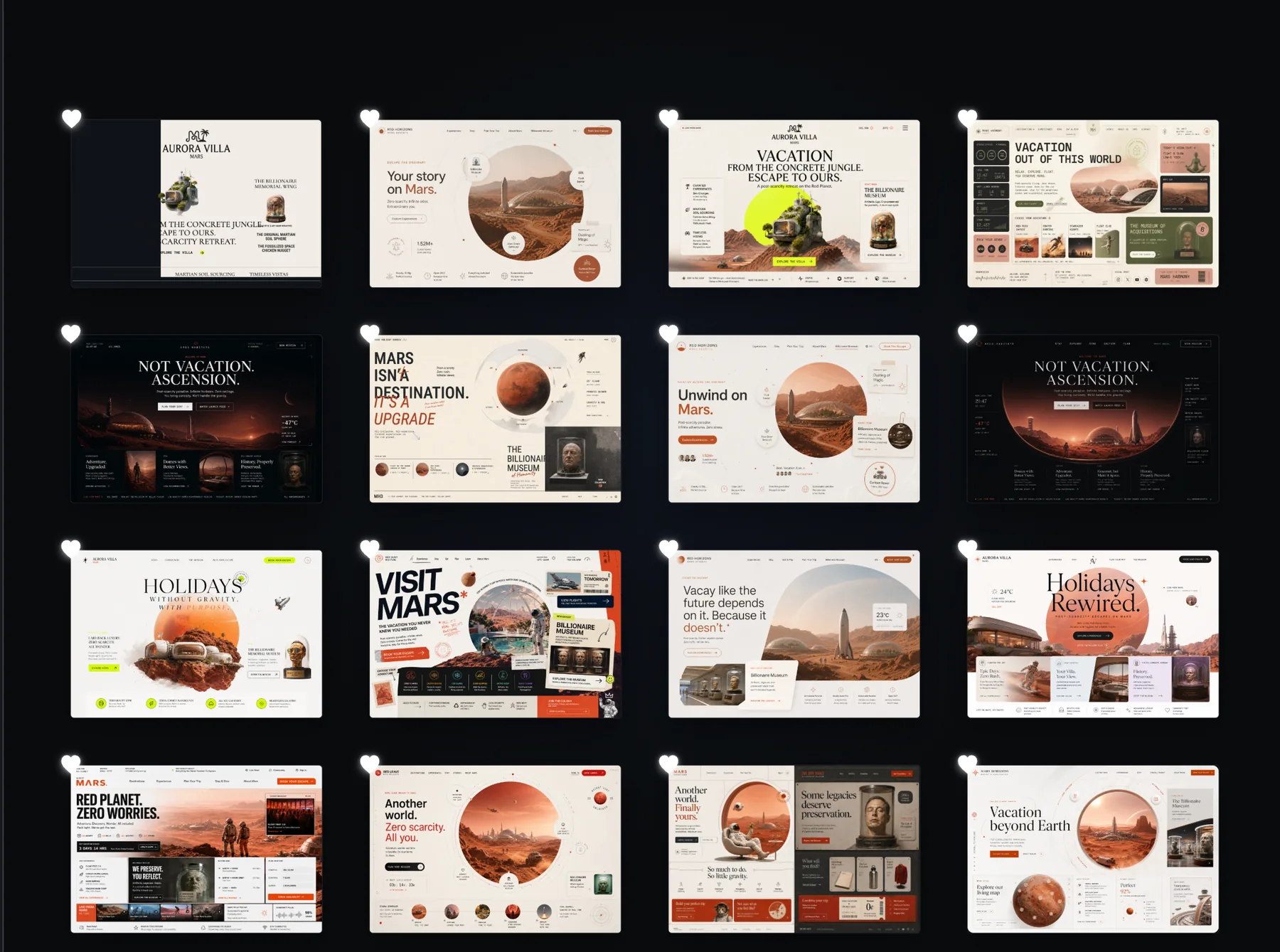 The Design Lab review board: sixteen generated homepage directions from one brief, laid out as a grid of thumbnails.