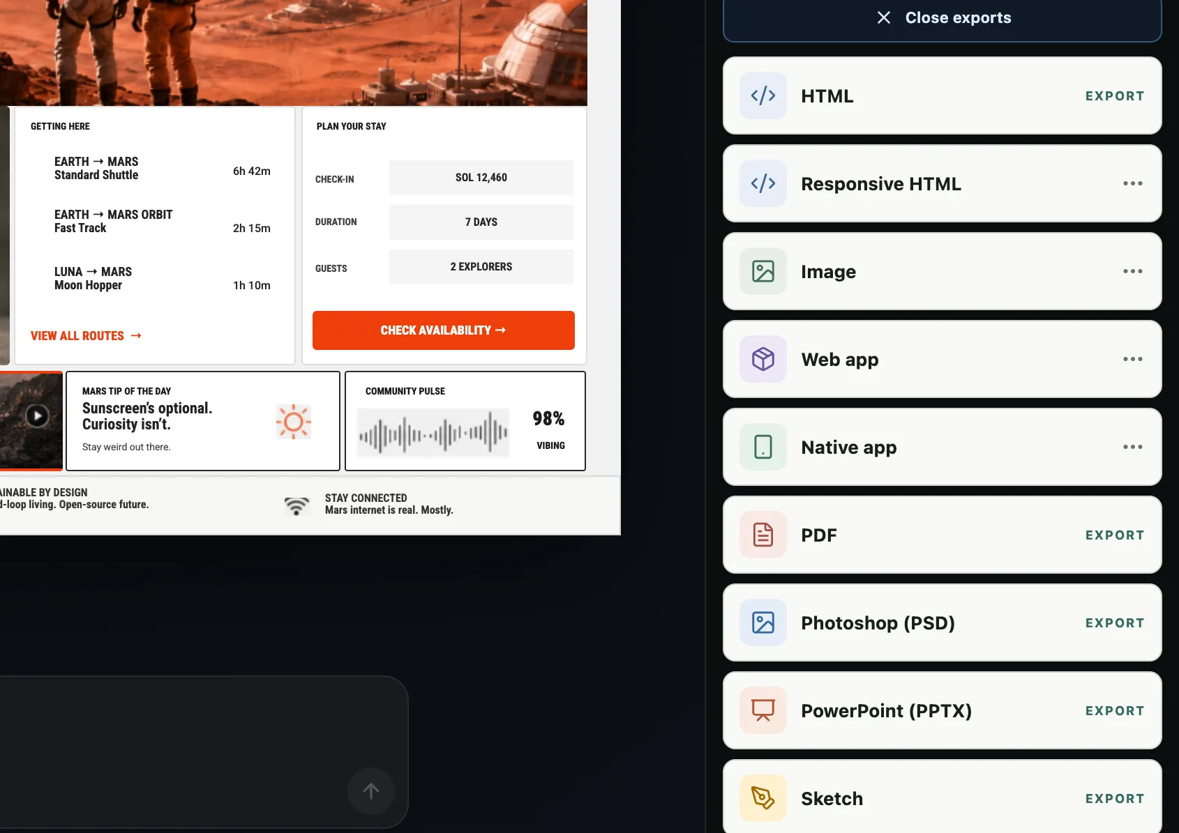 The Design Lab export panel: HTML, responsive HTML, image, web app, native app, PDF, Photoshop, PowerPoint, and Sketch, listed beside the edited document.