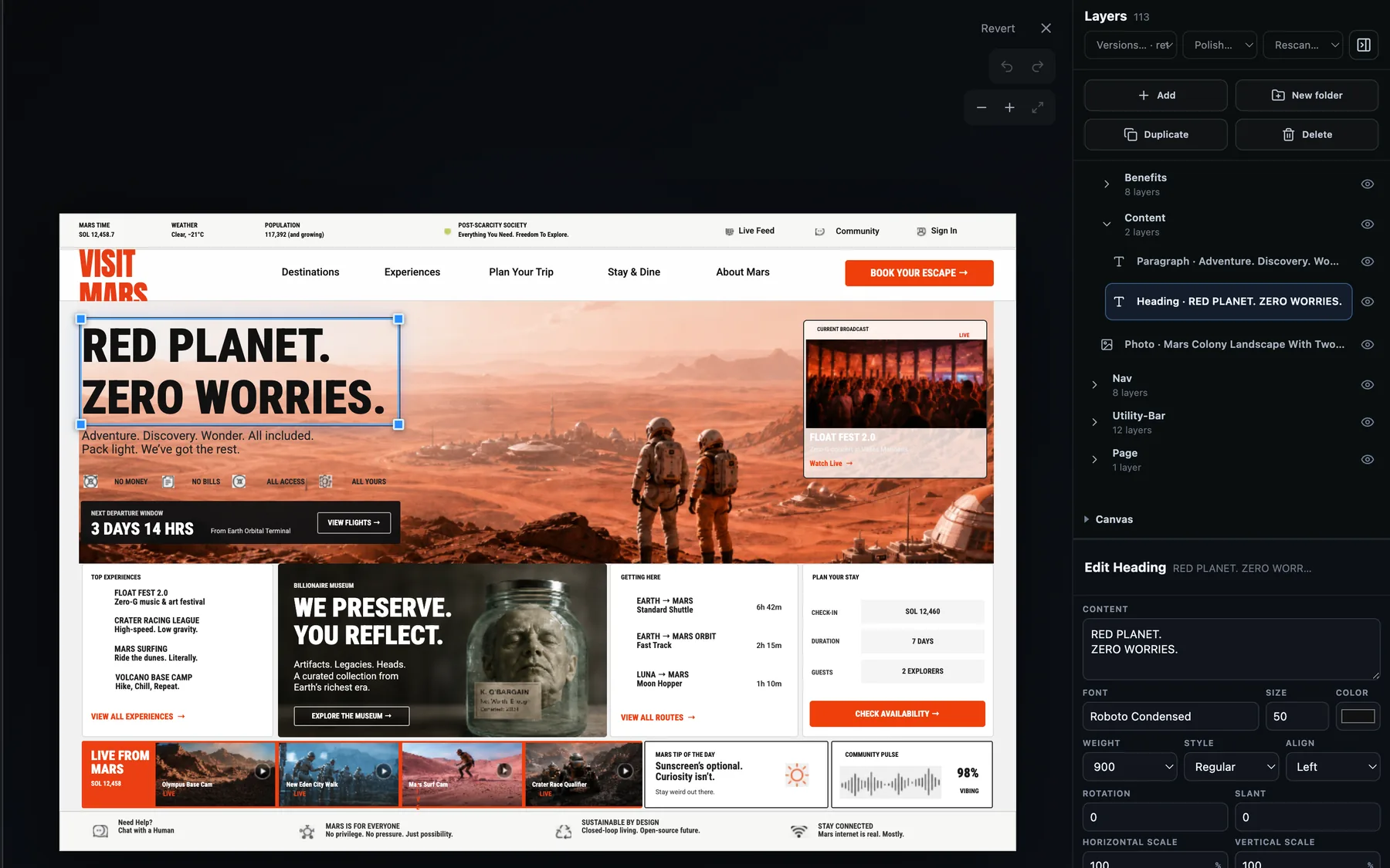 The Design Lab editor: a generated landing page on the canvas, its 113-layer tree on the right, and the selected heading open in the inspector.