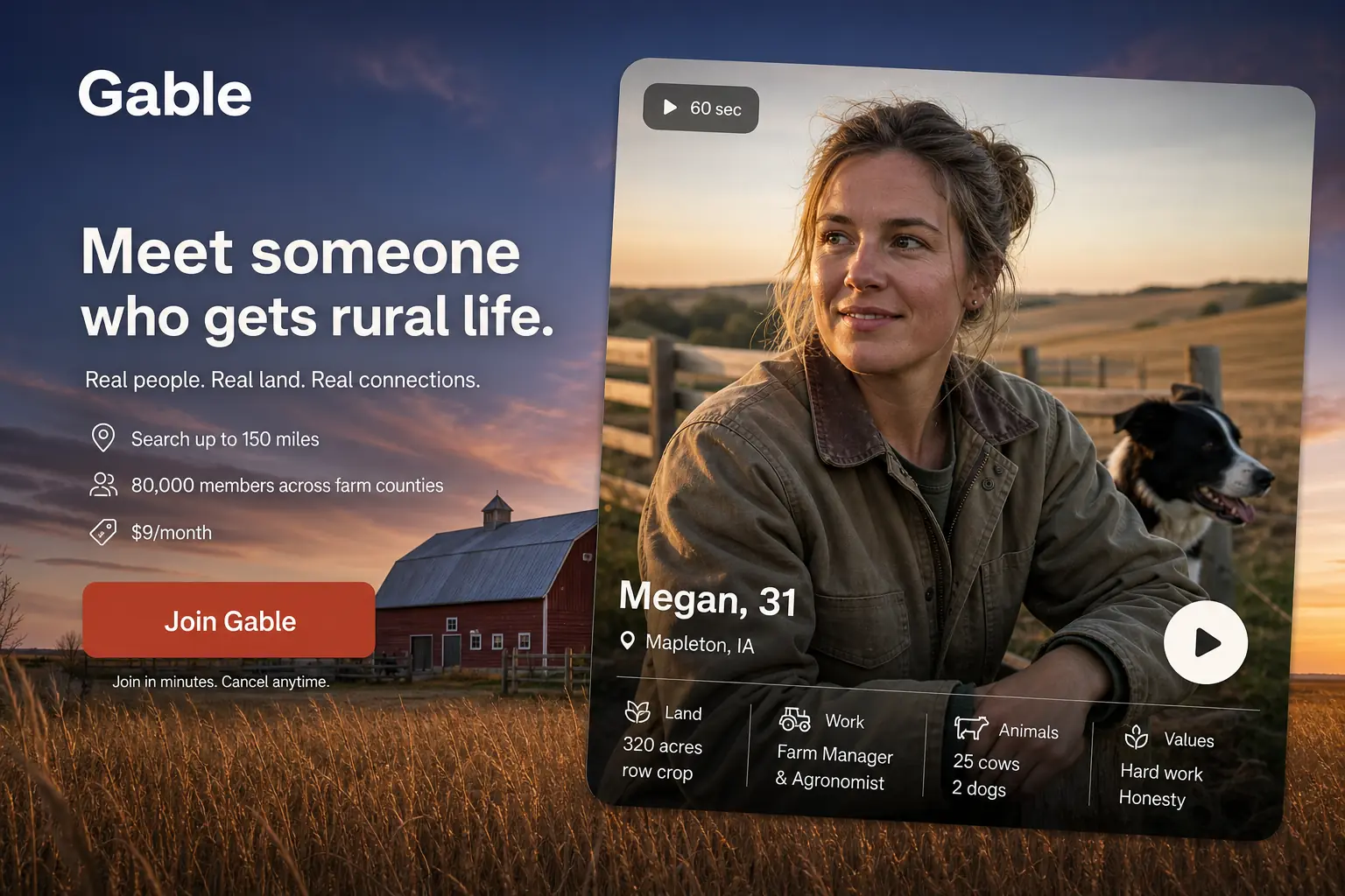 The answer with the 12ui skill installed to the Gable - dating app for rural singles, landing page prompt.