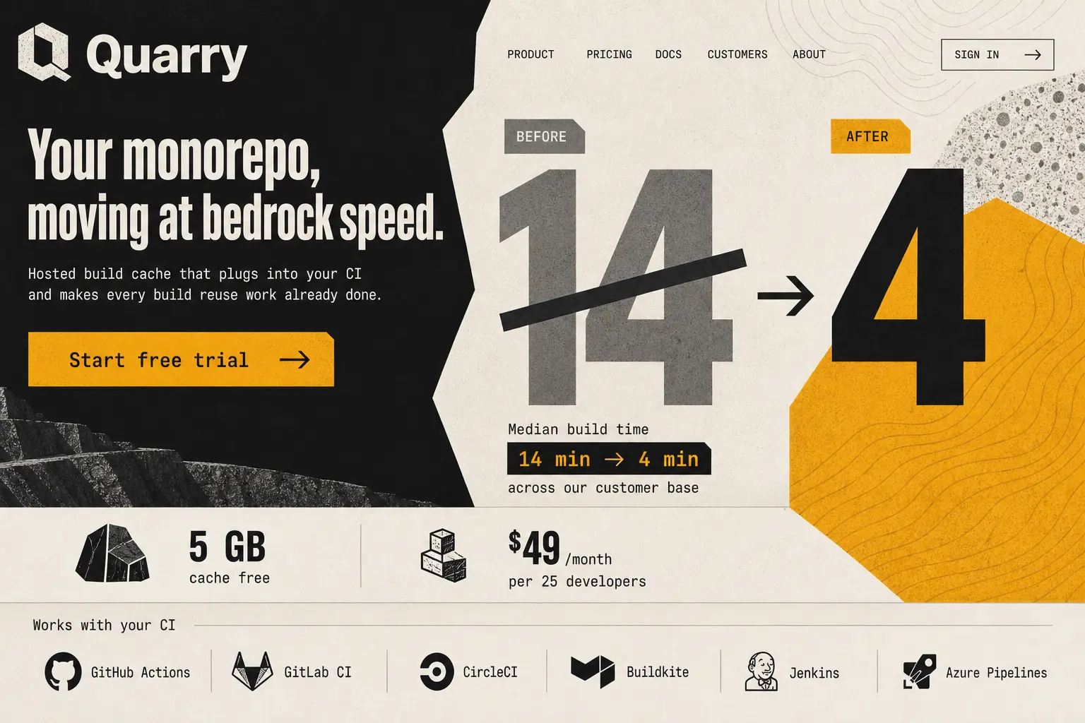 The answer with the 12ui skill installed to the Quarry - hosted build-cache service for monorepo teams, landing page prompt.