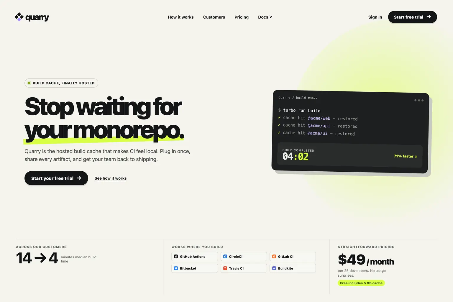 The coding agent’s own answer to the Quarry - hosted build-cache service for monorepo teams, landing page prompt.