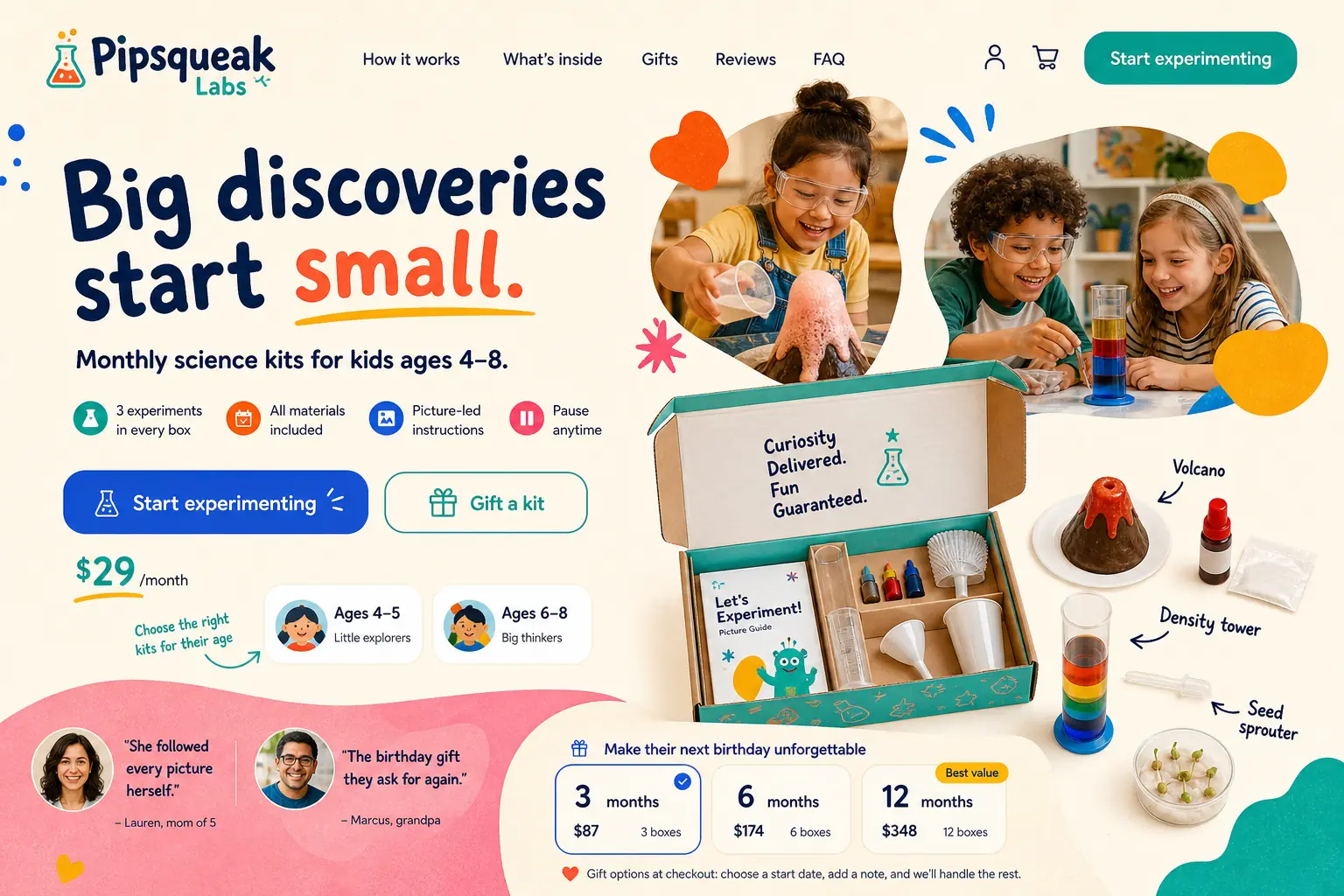 The answer with the 12ui skill installed to the Pipsqueak Labs - children's science kits, landing page prompt.