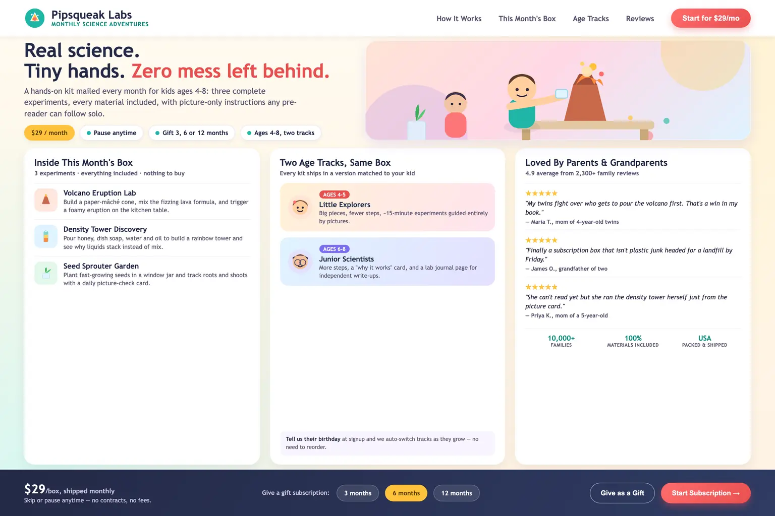 The coding agent’s own answer to the Pipsqueak Labs - children's science kits, landing page prompt.