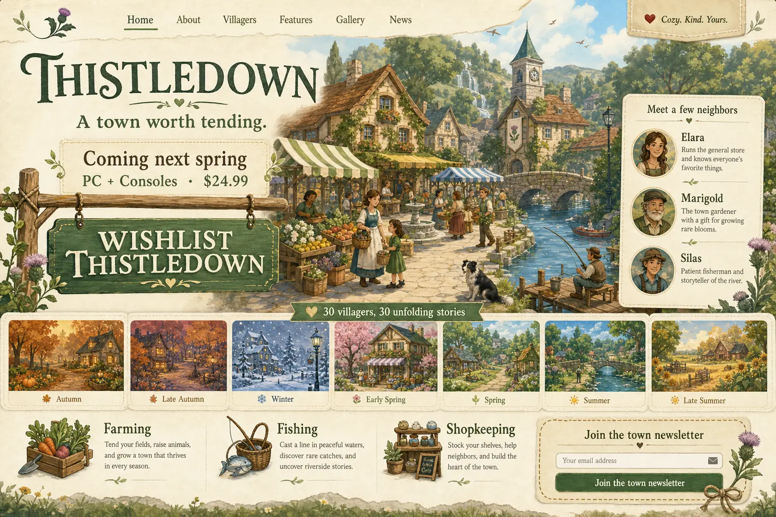 The answer with the 12ui skill installed to the Thistledown - village-life game where the player restores, landing page prompt.