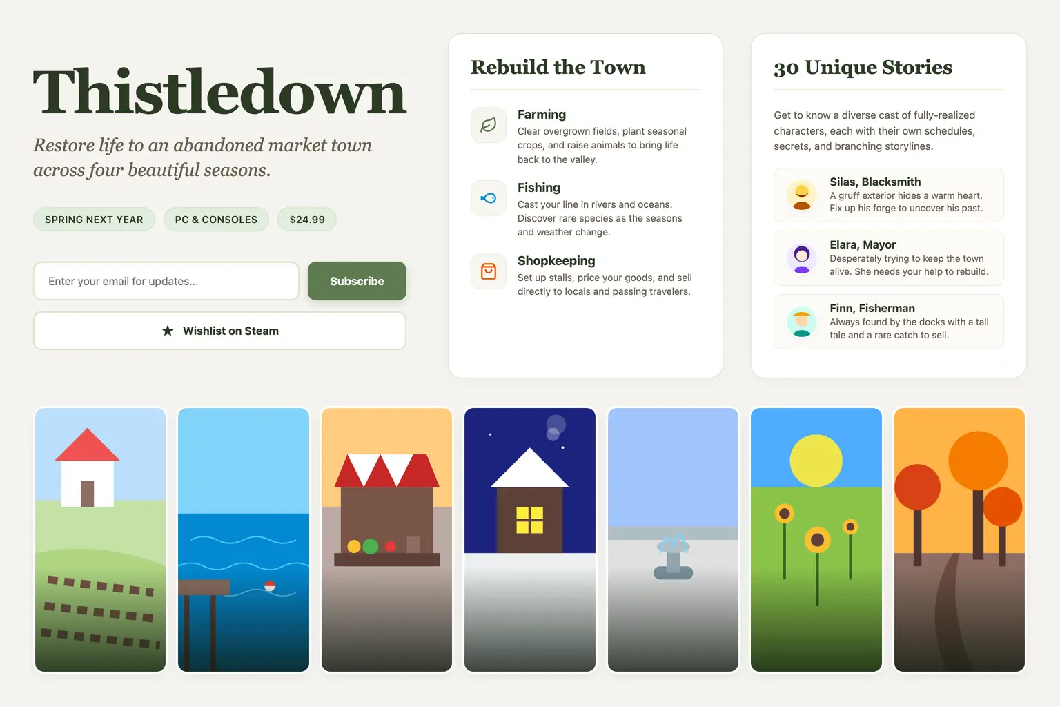 The coding agent’s own answer to the Thistledown - village-life game where the player restores, landing page prompt.