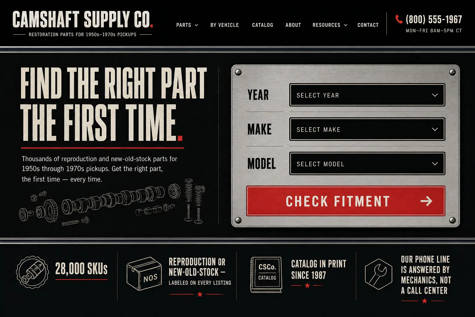 The answer with the 12ui skill installed to the Camshaft Supply Co - a restoration parts house for 1950s through 1970s, landing page prompt.