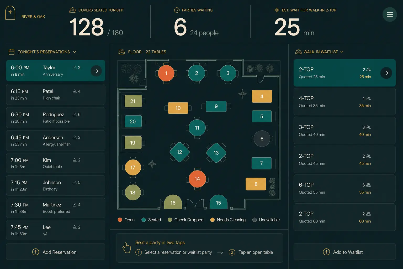 The answer with the 12ui skill installed to the Tablefront - restaurant host-stand screen, screen prompt.