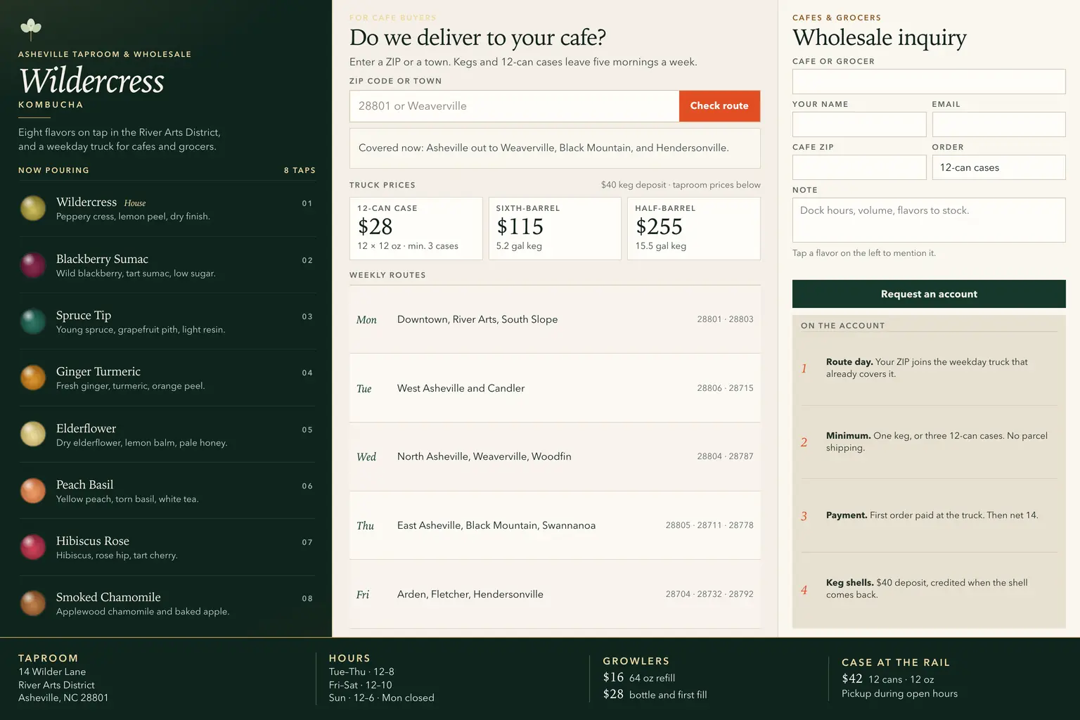 The coding agent’s own answer to the Wildercress Kombucha - Asheville taproom and wholesale, landing page prompt.
